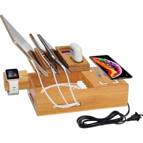 Bamboo Wood Charging Holder With 6 USB Charger Port Watch Stand Desktop Wooden Docking Stations For Phone Tablet Watch