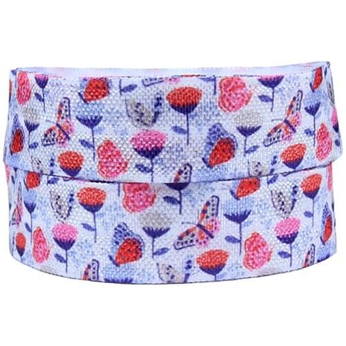 Free shipping flower and butterfly printed fold over elastic, 5/8" spring foe ribbon for headbands