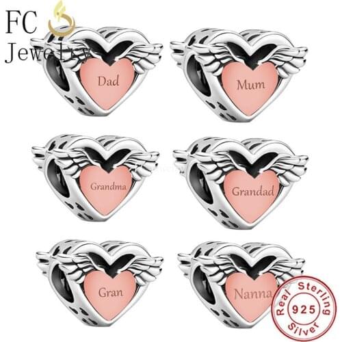 FC Jewelry Fit Original Charm Bracelet Real 925 Silver Rose Gold Angel Wings Dad Mum Grandma Bead For Making Women Berloque 2021