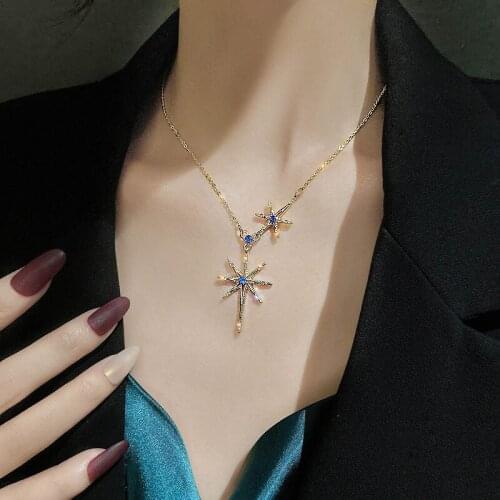 Korean Fashion Blue Crystal Star Pendant Necklaces for Women Gold Color Thin Chains Choker Collares Trendy Kpop Jewelry MS386