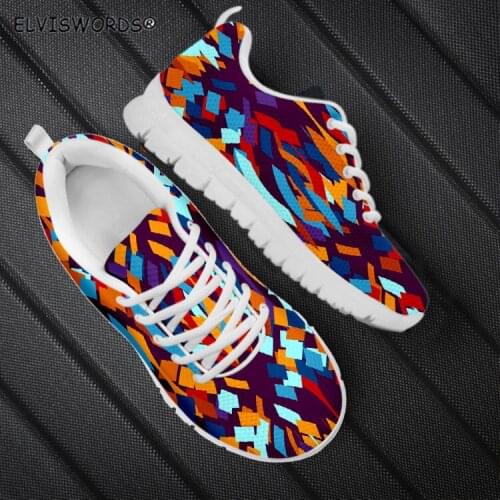 ELVISWORDS Fashion Square Pattern Leisure Ladies Walking Shoes Breathable Hiking Sports Shoes for Women Female Lace Up Sneakers