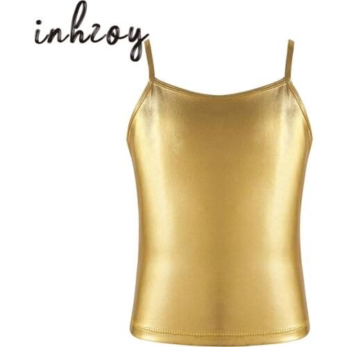 Kids Girls Ballet Gymnastics Dance Costume Shiny Metallic Camisole Tank Top Children Ballet Stage Performance Dance Tanks Tops