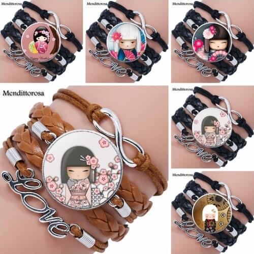 Cute Japanese Kokeshi Doll Glass Cabochon Anime Jewelry With Multilayer Black/Brown Leather Bracelet Bangle For Girls Best Gift