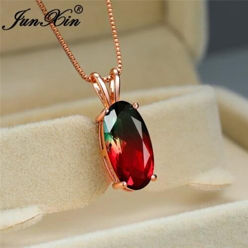 Cute Two Tone Red Green Blue Crystal Oval Pendant Necklaces For Women Rose Gold Female Rainbow Zircon Wedding Necklace Jewelry
