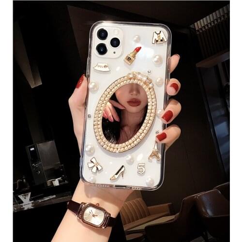 Fashion Pearl Mirror High Heel Lipstick Bling Diamond Case Cover For Samsung Galaxy Note 20 10 9 8 S21 S20 Ultra S10E/9/8 Plus