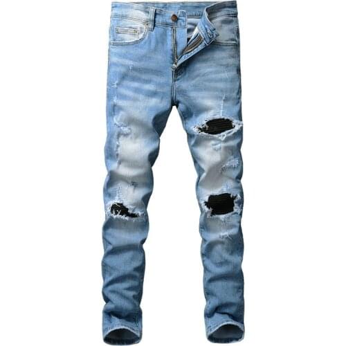 American Street Style Fashion Men Jeans Slim Fit Retro Blue Destroyed Ripped Jeans Men Patch Designer Hip Hop Denim Punk Pants
