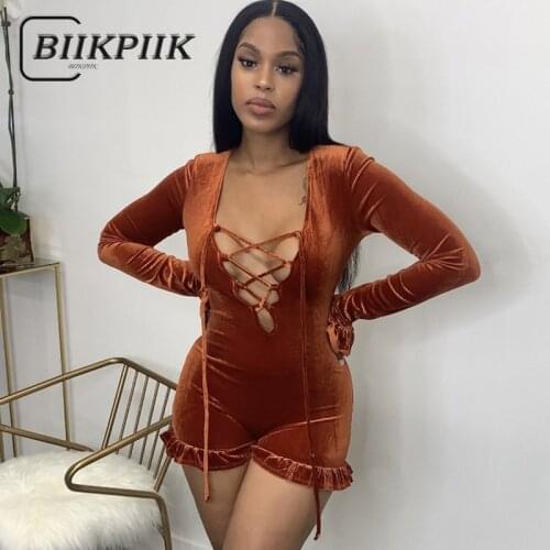 BIIKPIIK Autumn Skinny Shorts Rompers Playsuits Women Bandage Long Sleeves One Piece Playsuit Elegant Party Clubwear Sexy Outfit