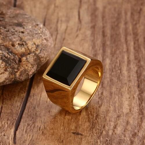 Mens Square Black Stone Signet Rings Gold Tone Stainless Steel Business Office Party Gifts for Him