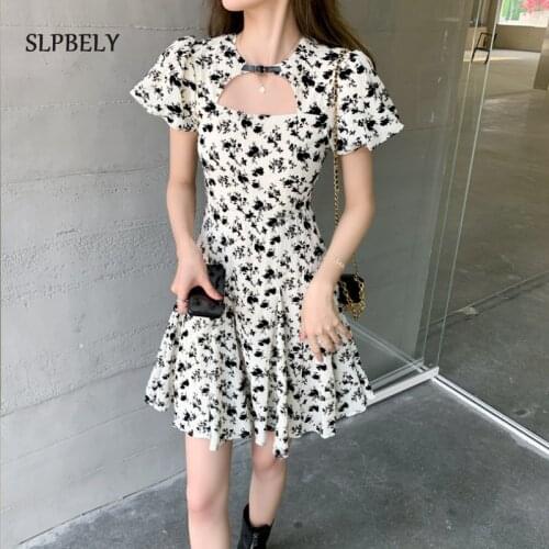 SLPBELY French Floral Print Dress For Women Summer Elegant Square Collar Puff Sleeve Blackless Ruffle Dress A Line Dress Vestido