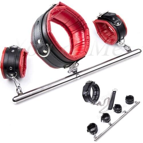 Stainless Steel Adjustable Spreader Bar Bondage Set Sex Slave Handcuffs Ankle Cuffs Fetish Restraints Dog Collar Bdsm Sex Toys