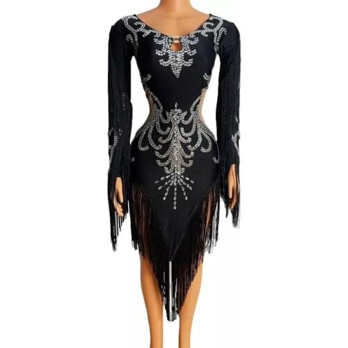 Silver Rhinestone Dress Long Sleeve Fringe Spandex Dress Women Dancer Evening Outfit Birthday Celebrate Latin Dance Dress XS1055