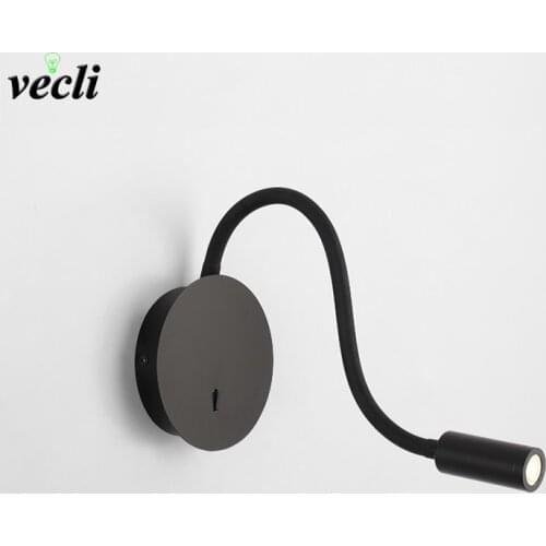 3W LED Hoses Wall Lamp Modern Home Hotel Bedside Reading Lamp With Switch black white Wall Light indoor led lighting