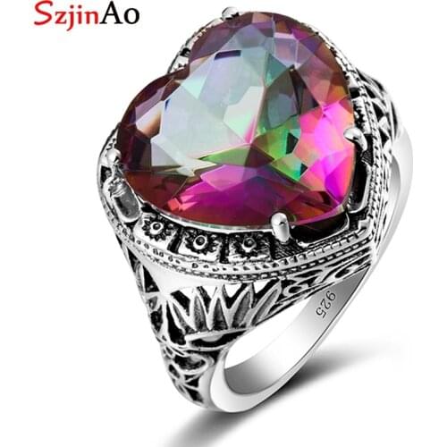 Szjinao Charm 925 Sterling Silver Ring Vintage Topaz Rainbow Love Heart Ring Eternity Wedding Engagement Jewelry For Women 2020