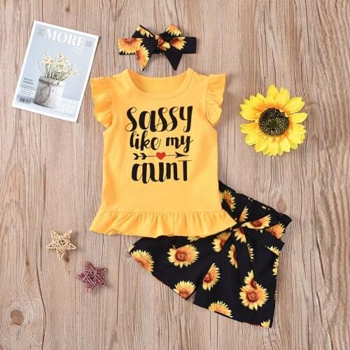TELOTUNY Childrens clothing Toddler Baby Girls Fly Sleeve Ruffles Letter Print T shirt Tops+Sunflower Shorts+Headbands Outfits