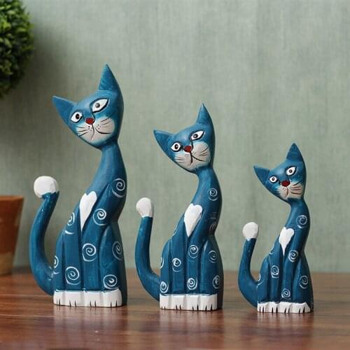 NORDIC SOLID WOOD CARVED PAINTED CAT SCULPTURE ORNAMENTS HOME LIVINGROOM TABLE FIGURINES DECORATION OFFICE DESKTOP ANIMAL CRAFTS