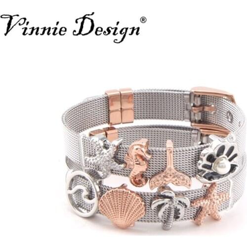 Vinnie Design Jewelry Dropshipping Stainless Steel Mesh Bracelets Set with Slide Ocean Series Charms Fine Bracelet for Women