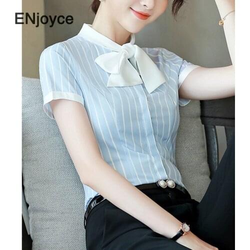 Summer Short Sleeve Blouse with Bow Women Button Up Collar Shirt Bussiness Professional Hotel Office Ladies Tops Clothing