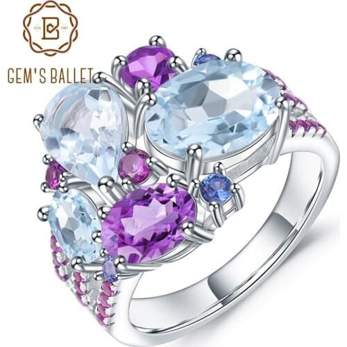 GEMS BALLET Real 925 Sterling Silver Candy Gemstone Ring Natural Sky Blue Topaz Amethyst Rings for Women Fine Jewelry