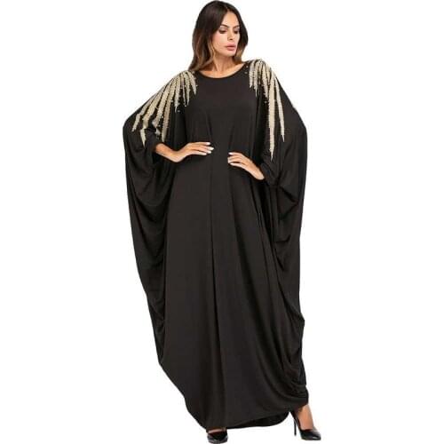 2020 Beadings Decoration Ramadan Abaya Women Fashion O-Neck Kaftan Gown Beads Batwing Sleeve Eid Robe Loose Maxi Dress