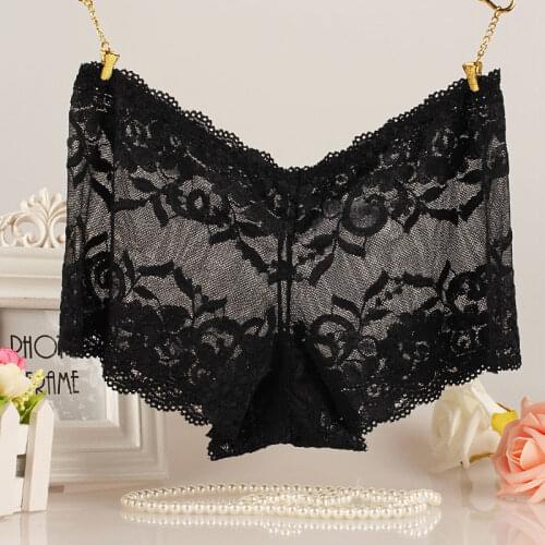 Sexy Plus Size Floral Embroidered Lace Womens Underwear Transparent Hollow Out Boxer Panties Seamless Female Briefs Lingerie