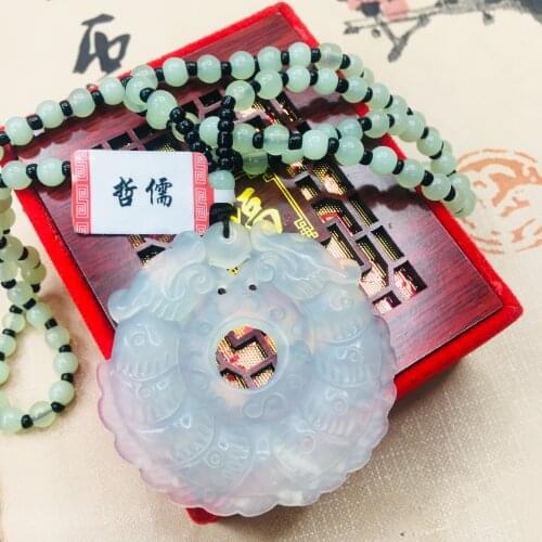 Zheru natural Hetian jade carved light green hollow double dragon pendant with jade bead necklace men and women sweater chain