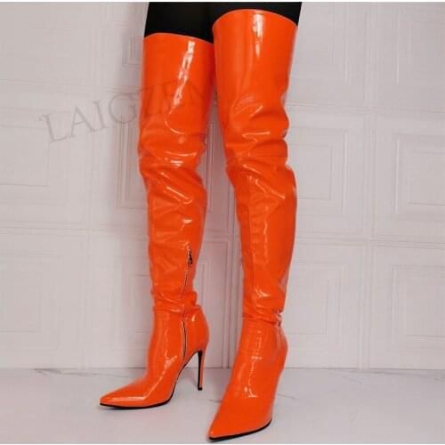 BERZIMER Super Women Thigh High Heels Boots Shiny Side Zip High Heels Boots Over Knee Ladies Shoes Woman Big Size 39 44 46 47