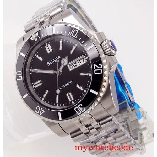 Bliger New 40mm Japan NH36A Sapphire Crystal Date Week Unidirectional Bezel Luminous Stainless Steel Strap SUB Watch