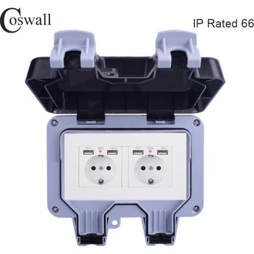 Coswall IP66 Weatherproof Waterproof Outdoor External Wall Socket Double EU Standard Outlet With 4 USB Charge Port Black White