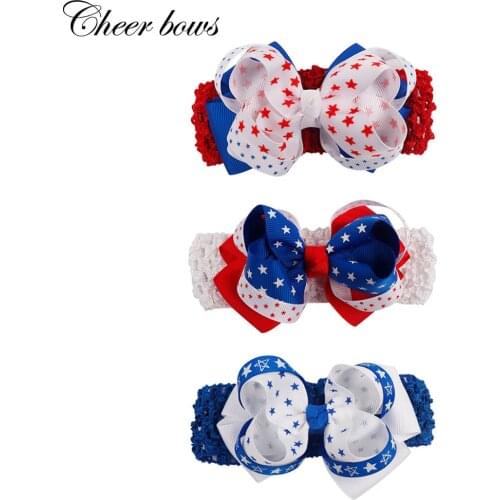 Cheer Bow 4th of july Hairbow Crochet Elastic Headband Independence Day Girls Hairband Red Blue White Hair Band Kids Hairbands