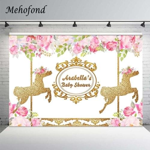 Mehofond Birthday Photography Backgrounds Pink Flower Unicorn Carousel Newborn Baby Shower Decor Photo Backdrop Studio Photocall