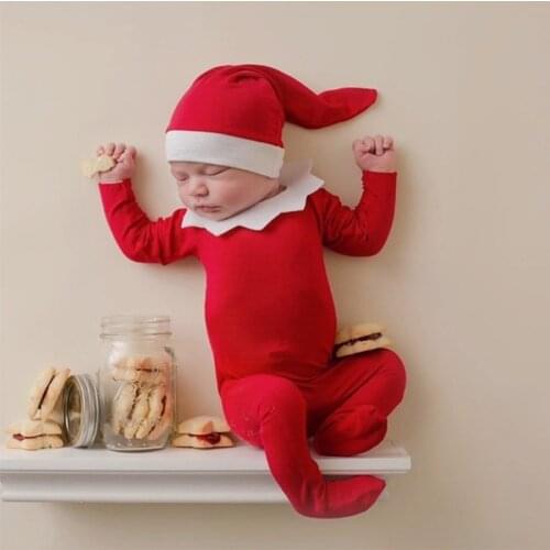 GXMB 1 Set Newborn Photography Props Clothing Red Baby Romper with Collar Long Tail Hat Set Bodysuit Beanies Kit