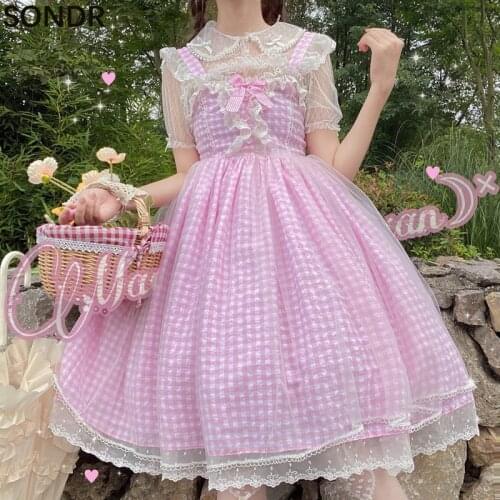 Kawaii Soft Girl Plaid Lolita Dress Women Japanese Sweet Cute Lace Sleeveless Strap Dresses JSK Retro Daily Pink Lolita Vestidos