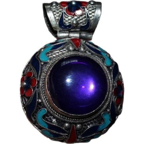 China Old Tibetan Silver Cloisonne Inlaid Zircon Inlaid Tibetan Silver Pendant