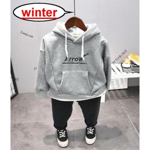 Winter Kids Clothes Sets Cotton 2Pieces Suit Boys Plus Velvet Hoodie +Thicken Jeans Boys Outfit Childrens Clothing Suits 2-6Y