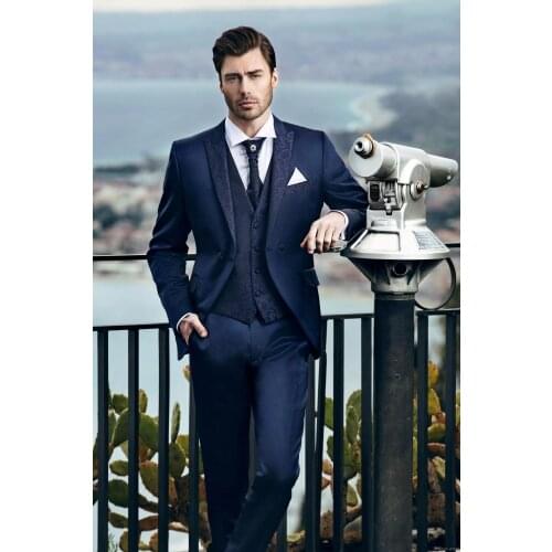 Costume Homme Dark Blue Pattern Men Suits Wedding Groom Tuxedo Slim Fit Terno Masculino Prom Party Blazer 3 Pcs Jacket+Pant+Vest