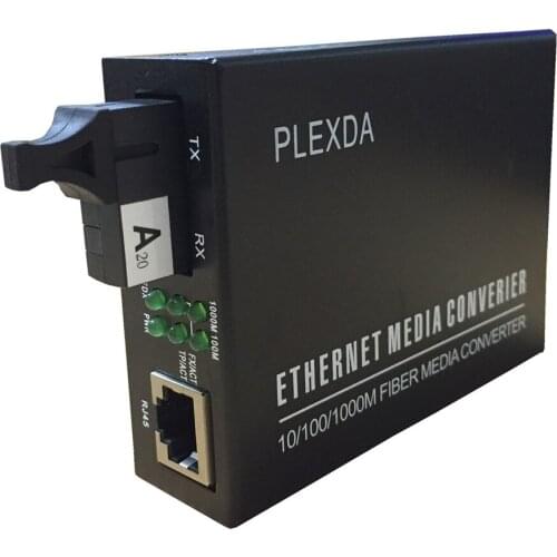 Plexda Single Mode SC WDM Single Fiber Bi-Di Gigabit Media Converter 20km (12.42 Miles) – to UTP Cat5e Cat6 10/100/1000M RJ45
