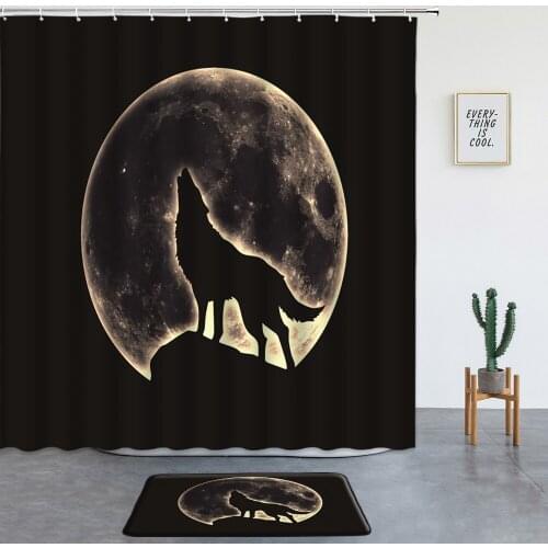 Wild Animal Wolf Black Shower Curtains Set Bath Mats Moon Fantasy Starry Sky Bathroom Screen Entrance Door Mat Room Decor Rugs