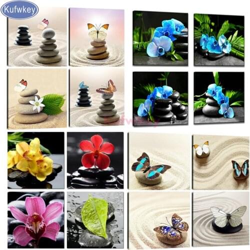 4 pcs Diamond Painting Cross Stitch"Butterfly,Orchid,Flower,Zen,Stones"3d picture diamond Embroidery sale Square/Round drill art