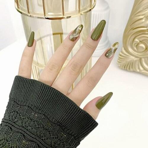 24pcs Fake Nails With Glue Green Type Removable Long Paragraph Fashion Manicure Save Time False Nails Press On With Designs DL