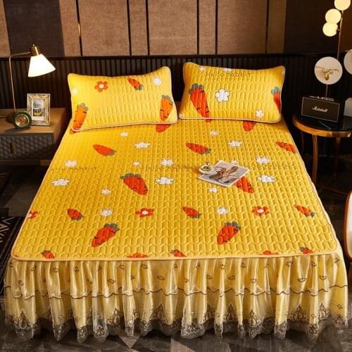 Cotton Soft Printing Fitted Sheet With Elastic Band Skirt Floral Mattress Slipcover Thicken Anti-Bacteria Bedspread For King Bed