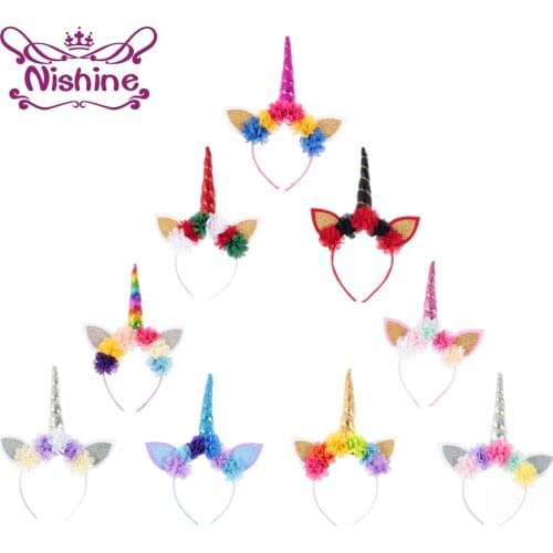 Nishine 10pcs/lot Kids Party Gold/Silver Unicorn Horn Headband Mini Chiffon Flower Girls Headwear Birthday Hairband Gift