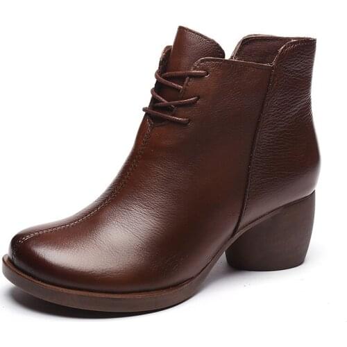 Autumn and Winter 2020 New Vintage Leather Comfortable Thick Heel Womens Boots High Heel Martin Boots Leather Boots