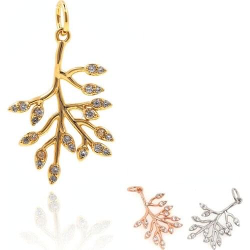 Golden Tree Necklace, Tree of Life Charm, Branch Pendant, Micropavé CZ Jewelry Accessories Making Supplies, 25.6x14.6x2mm
