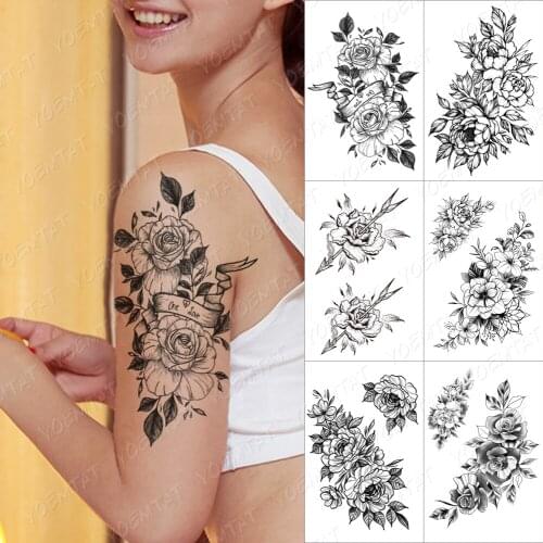 Temporary Tattoo For Men Women Old School Rose Tatto Sticker Flower Peony Henna Minimalist Lines Body Art Waterproof Fake Tatoo