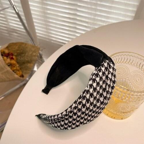 Houndstooth hairband bowknot French retro black white pattern headband net red ins wide side pressure hair temperament hoop