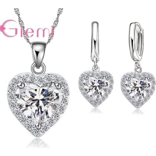 Simple Fashion 925 Sterling Silver Heart Pendant Necklace Hoop Earring Cubic Zircon Jewelry Set For Women Girl