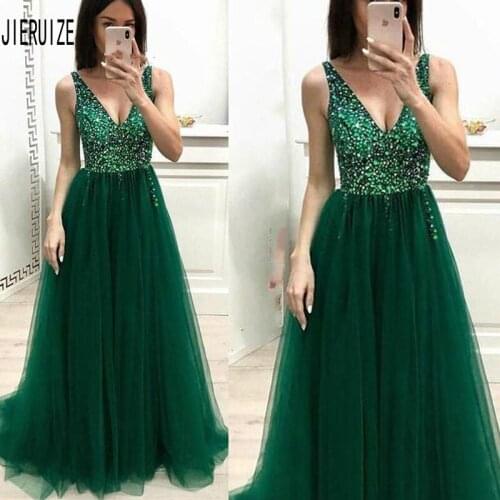 JIERUIZE Sexy Green Tulle Evening Dresses Deep V Neck Backless Bling Beaded A Line Tulle Party Prom Gowns Vestido De Festa