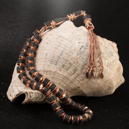 Silver Black Zircon Rose Colored Gemstone Prayer Rosary Men Rosary With Silver Tassel Arabic Tasbih Ornate Tassel 925k Silver