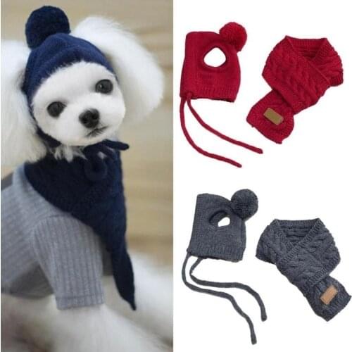 Hat for Dogs Winter Warm Stripes Knitted Hat+Scarf Collar Puppy Teddy Costume Christmas Clothes Santa Dog Costume