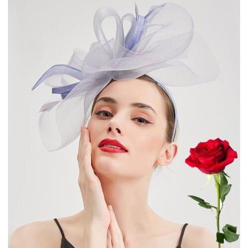 Brand New Blue Top Hat For Women Mesh Big Fedora Feather Hat Lady Wedding Church Party Cocktail Top Hat Head-mounted Summer Cap